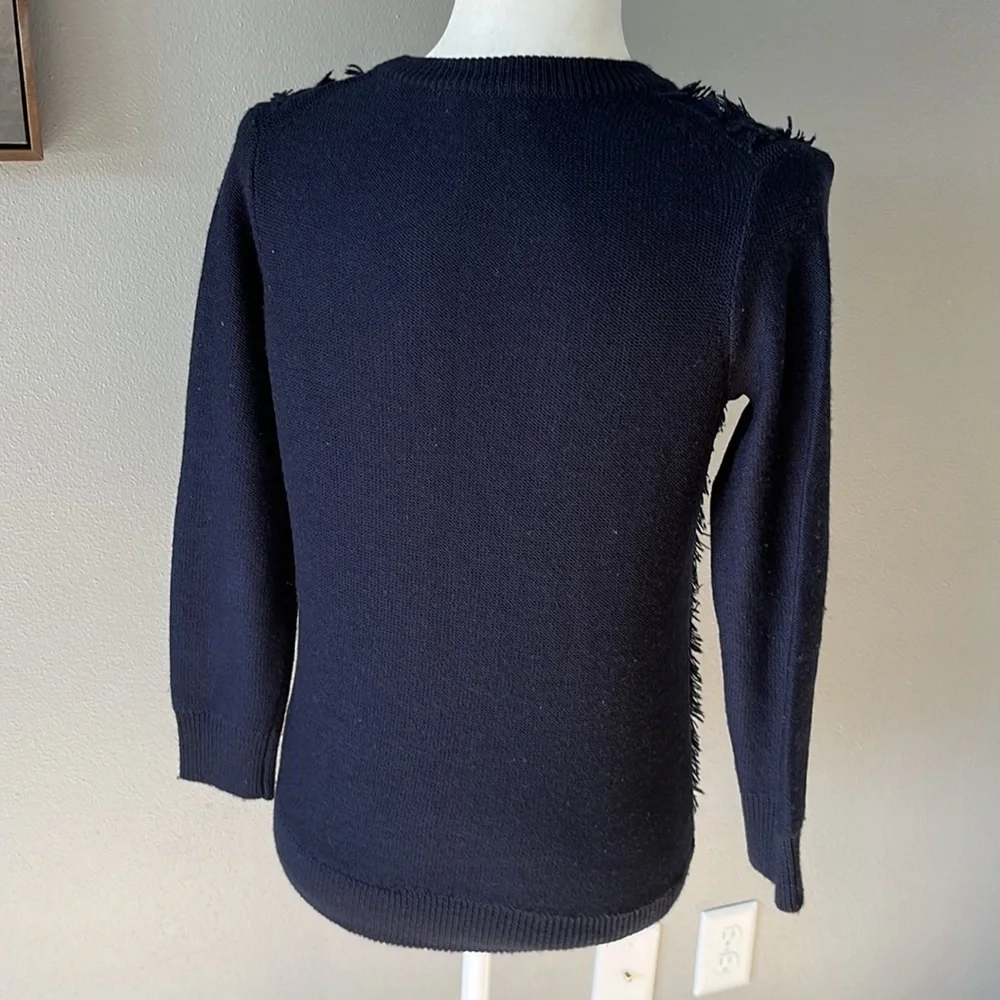 J. Crew Wool Cable Knit Crewneck Fringe Sweater Navy Blue